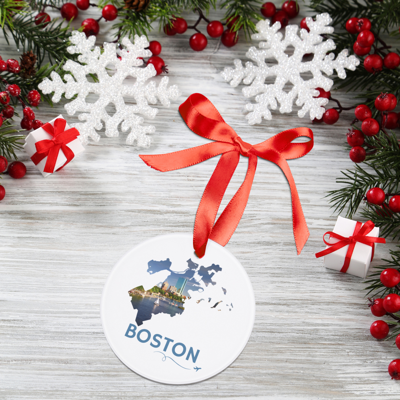 Boston Ornament | Skyline Photo in City Outline Acrylic Holiday Keepsake – We Live It