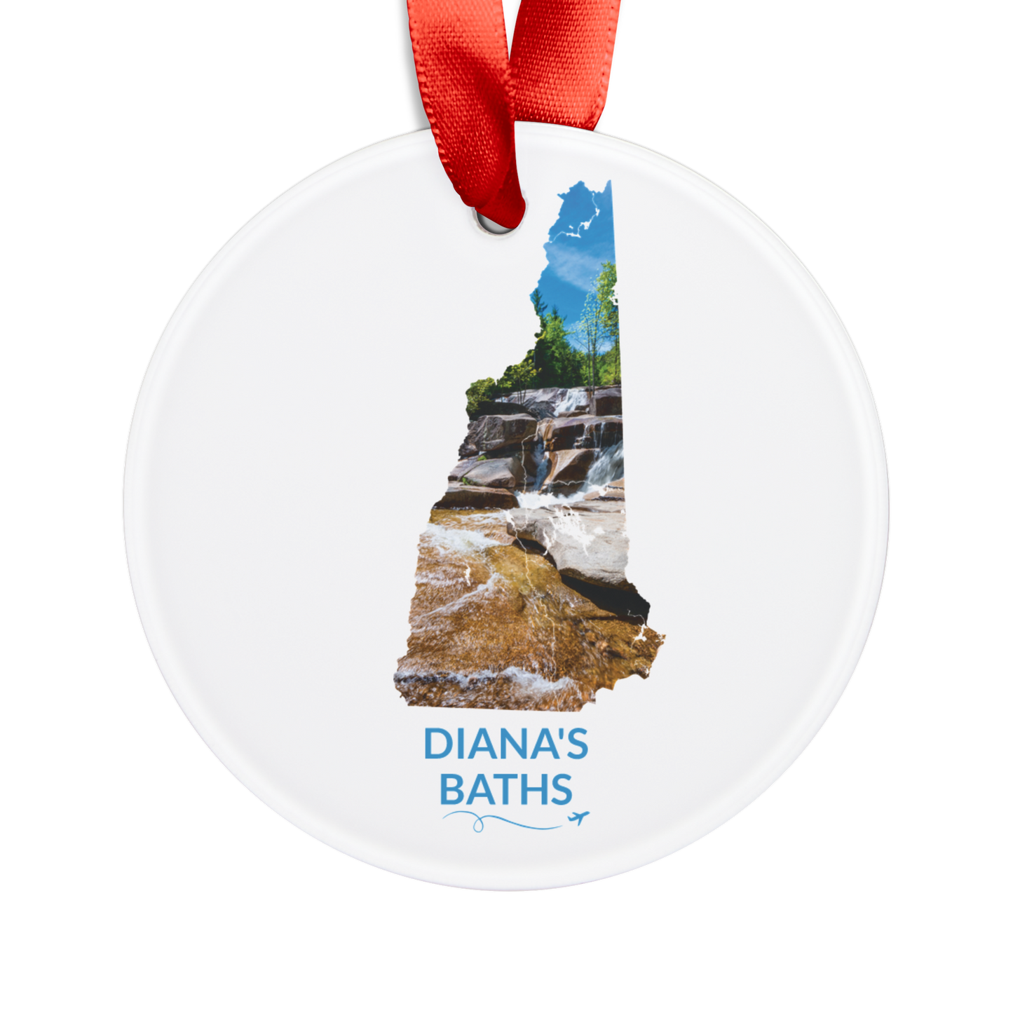 White round ornament featuring a hand-drawn New Hampshire outline filled with a photograph of the cascading waterfalls and rocks at Diana’s Baths. “Diana’s Baths” appears below with a looping flight path and airplane.