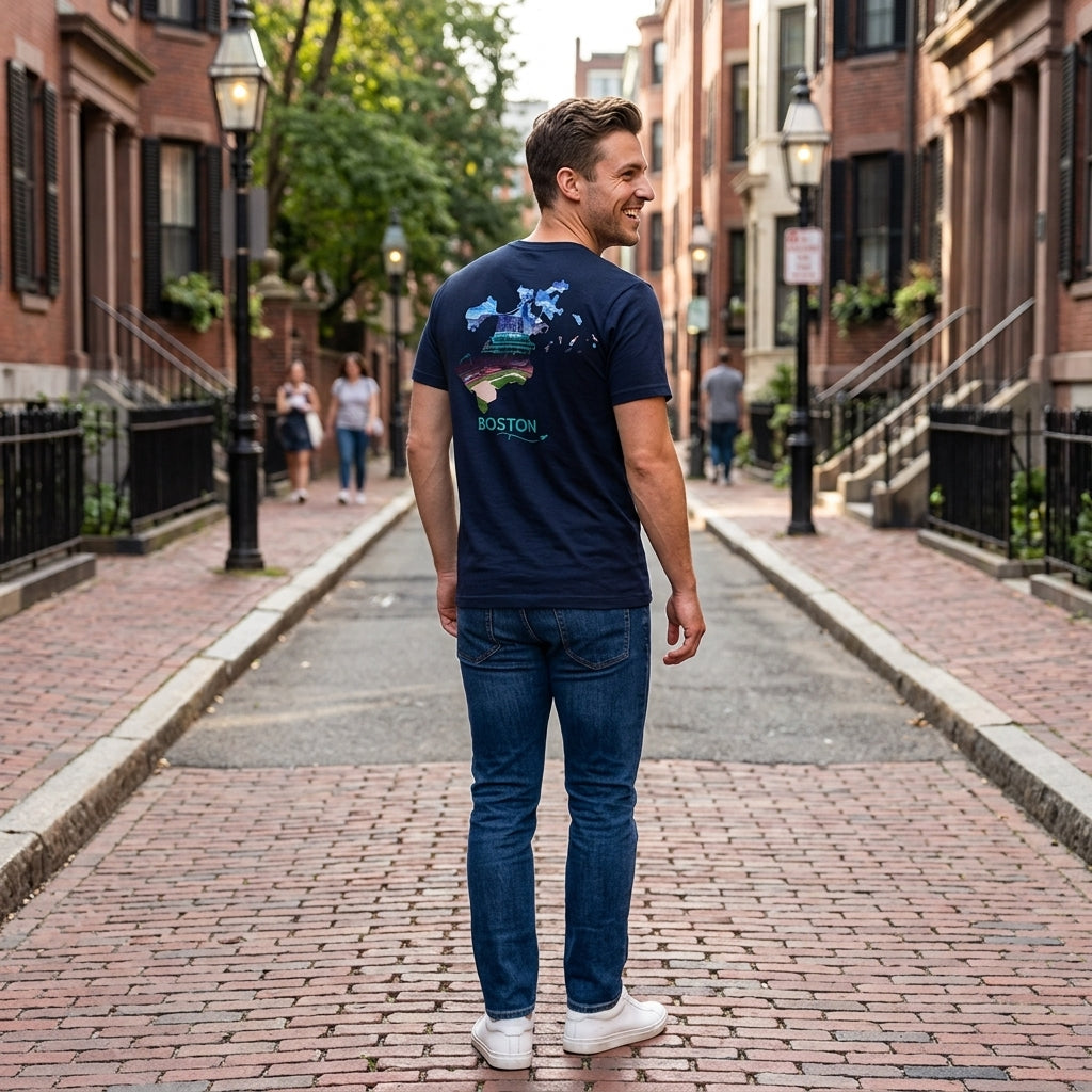 Man wearing a Navy Boston t-shirt featuring a hand-drawn city outline filled with a photograph of Fenway Park and the Boston skyline, walking along a brick-lined street in Boston.