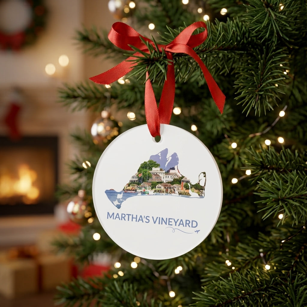 Martha’s Vineyard Edgartown Harbor ornament hanging on a Christmas tree, with island outline, harbor scene, lettering, and airplane swirl