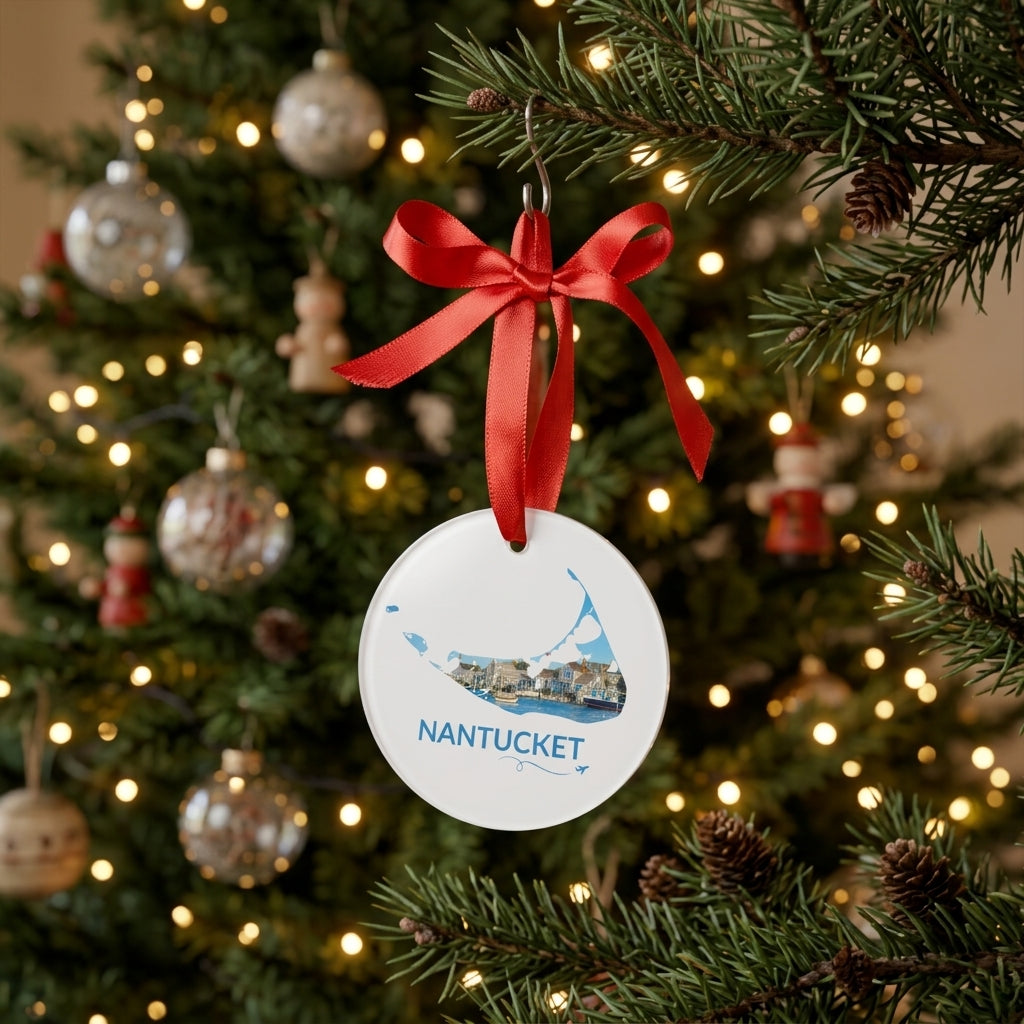 White Nantucket ornament hanging from a Christmas tree with a red ribbon, featuring Nantucket Harbor inside the island outline, blue Nantucket lettering, and a small airplane with swirl