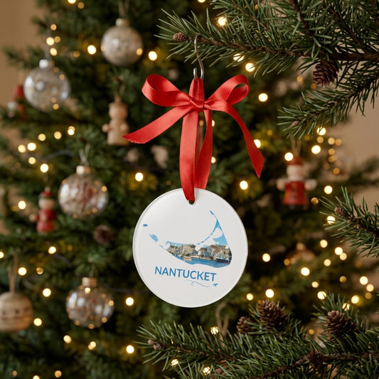 White Nantucket ornament hanging from a Christmas tree with a red ribbon, featuring Nantucket Harbor inside the island outline, blue Nantucket lettering, and a small airplane with swirl