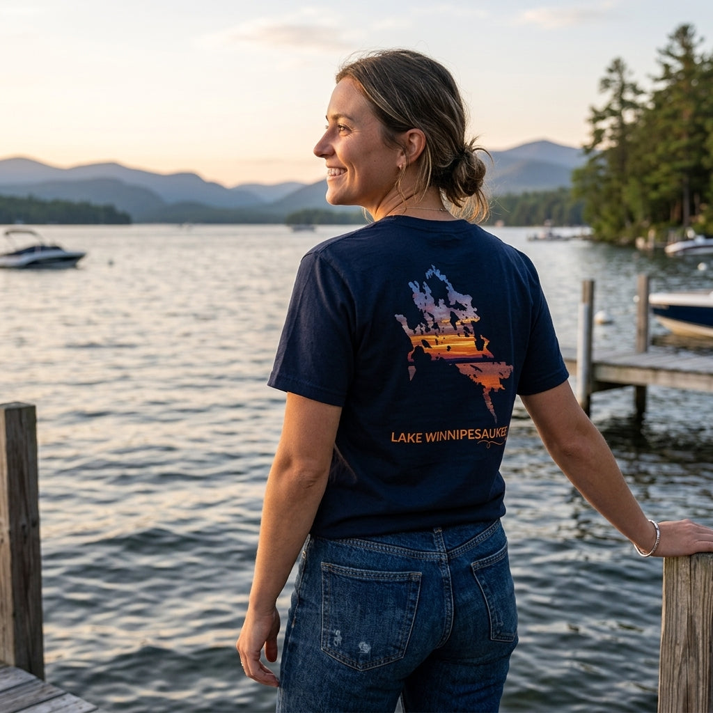 Woman wearing a navy Lake Winnipesaukee t-shirt featuring a sunset-filled lake outline on the back while standing on a dock overlooking the water, boats, and surrounding mountains.
