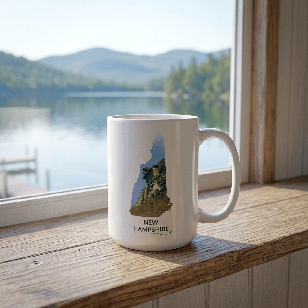 White Old Man of the Mountain New Hampshire mug displayed on a wooden windowsill overlooking a lake and mountains.