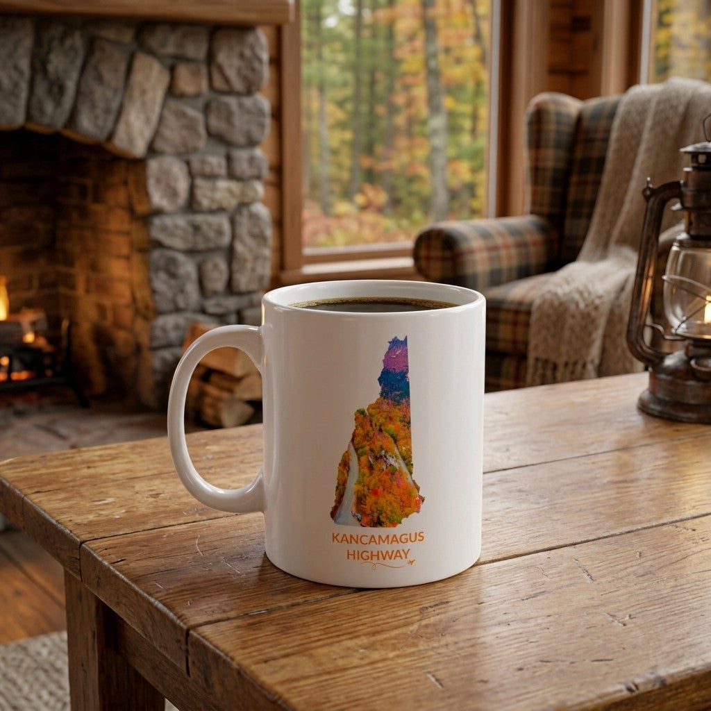 White ceramic Kancamagus Highway mug featuring a hand-drawn New Hampshire outline filled with a photograph of the winding highway surrounded by colorful fall foliage, displayed on a wooden table in a cozy cabin setting.