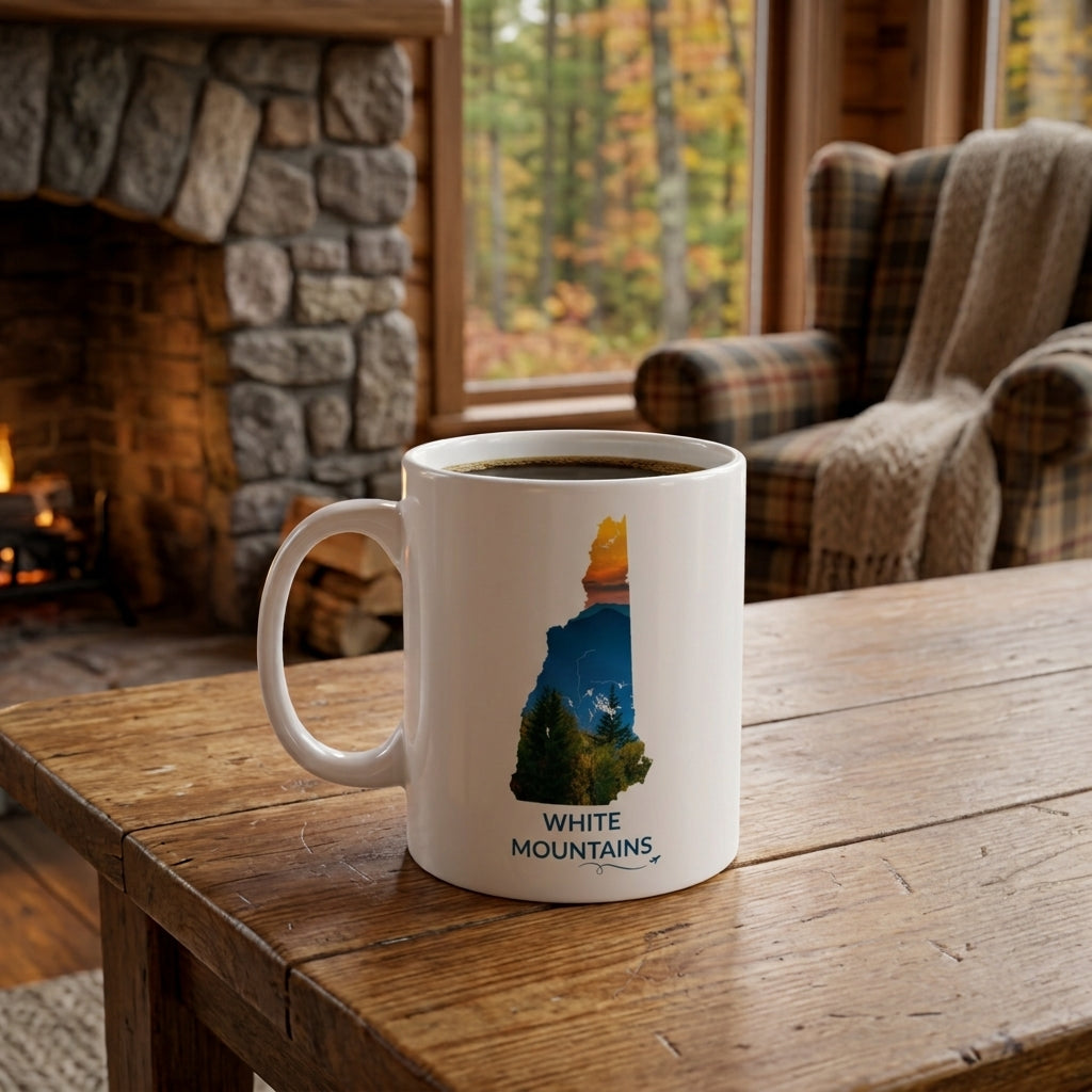 White ceramic White Mountains mug featuring a hand-drawn New Hampshire outline filled with a mountain sunset photograph, displayed on a wooden table in a cozy cabin with fall foliage outside.