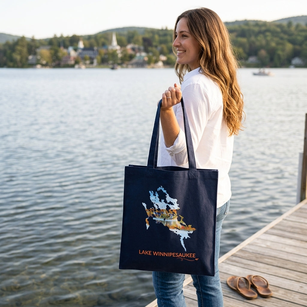 A woman standing on a wooden dock by a lake holds a navy tote bag printed with a map of the lake and a fall foliage image inside of it, and the words 'LAKE WINNIPESAUKEE" below with a swirly line and plane underneath