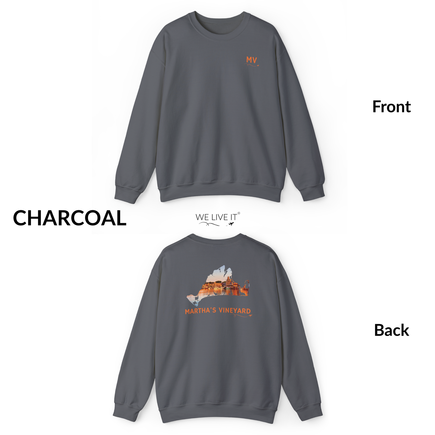 Martha’s Vineyard Crewneck Sweatshirt | MV Front & Oak Bluffs Harbor Sunset Back