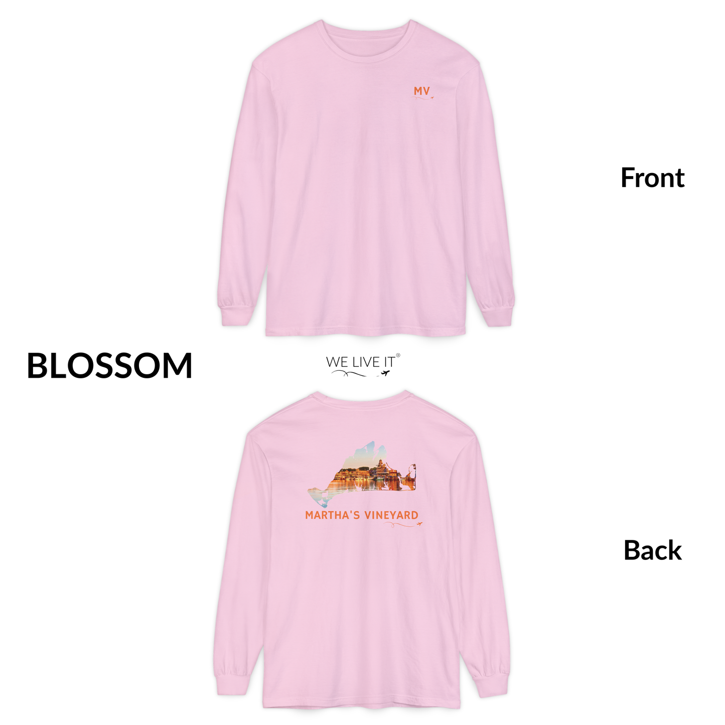 Martha’s Vineyard Long Sleeve | MV Front & Oak Bluffs Harbor Sunset Back