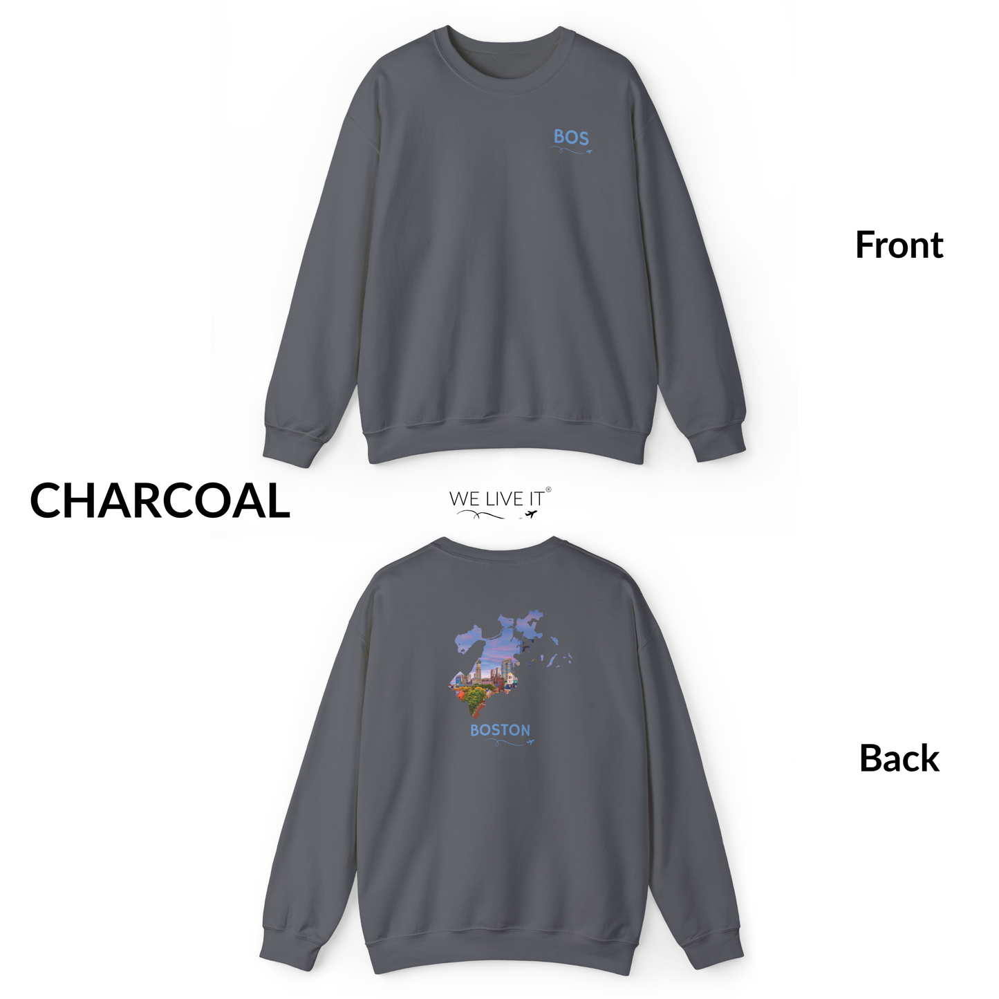 Boston Crewneck Sweatshirt | BOS Front & Historic Skyline Back | Faneuil Hall & Quincy Market