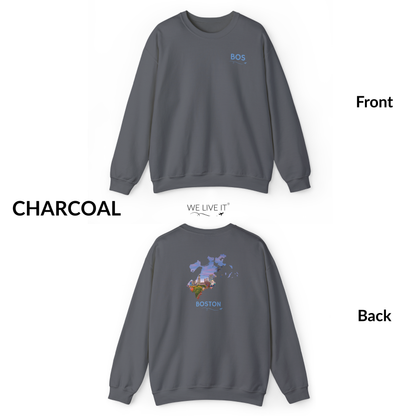 Boston Crewneck Sweatshirt | BOS Front & Historic Skyline Back | Faneuil Hall & Quincy Market
