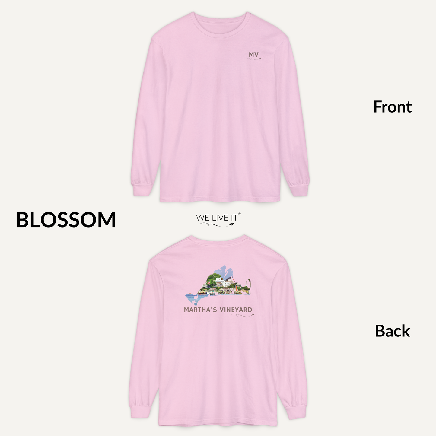 Martha’s Vineyard Long Sleeve | MV Front & Edgartown Harbor Outline Back
