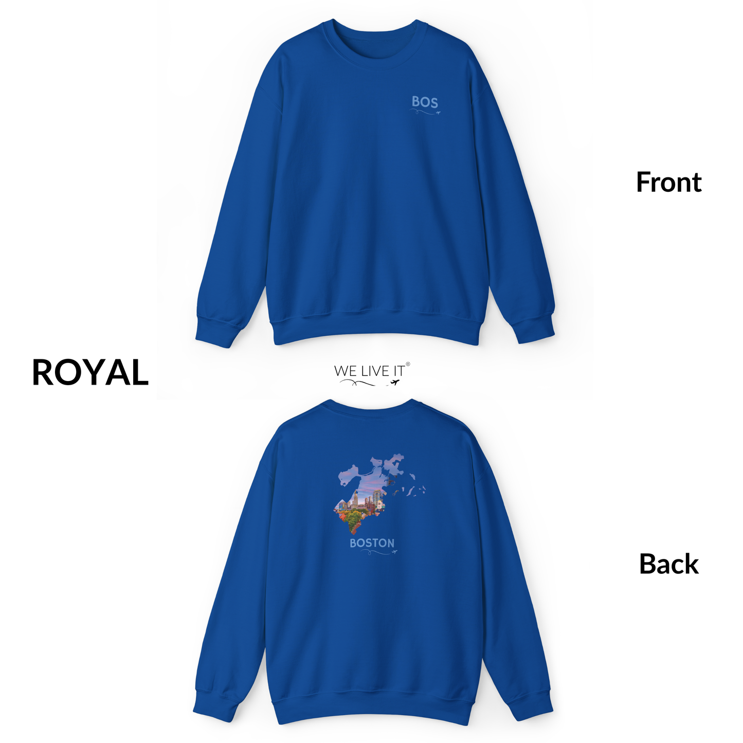 Boston Crewneck Sweatshirt | BOS Front & Historic Skyline Back | Faneuil Hall & Quincy Market