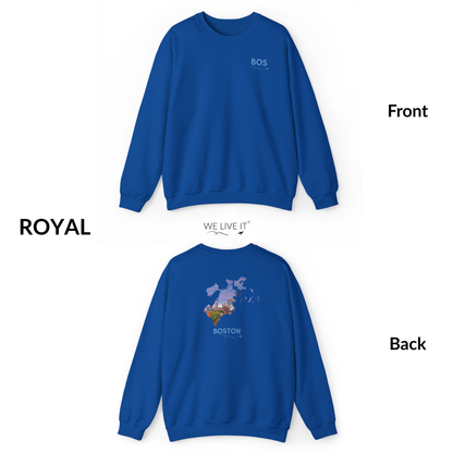 Boston Crewneck Sweatshirt | BOS Front & Historic Skyline Back | Faneuil Hall & Quincy Market