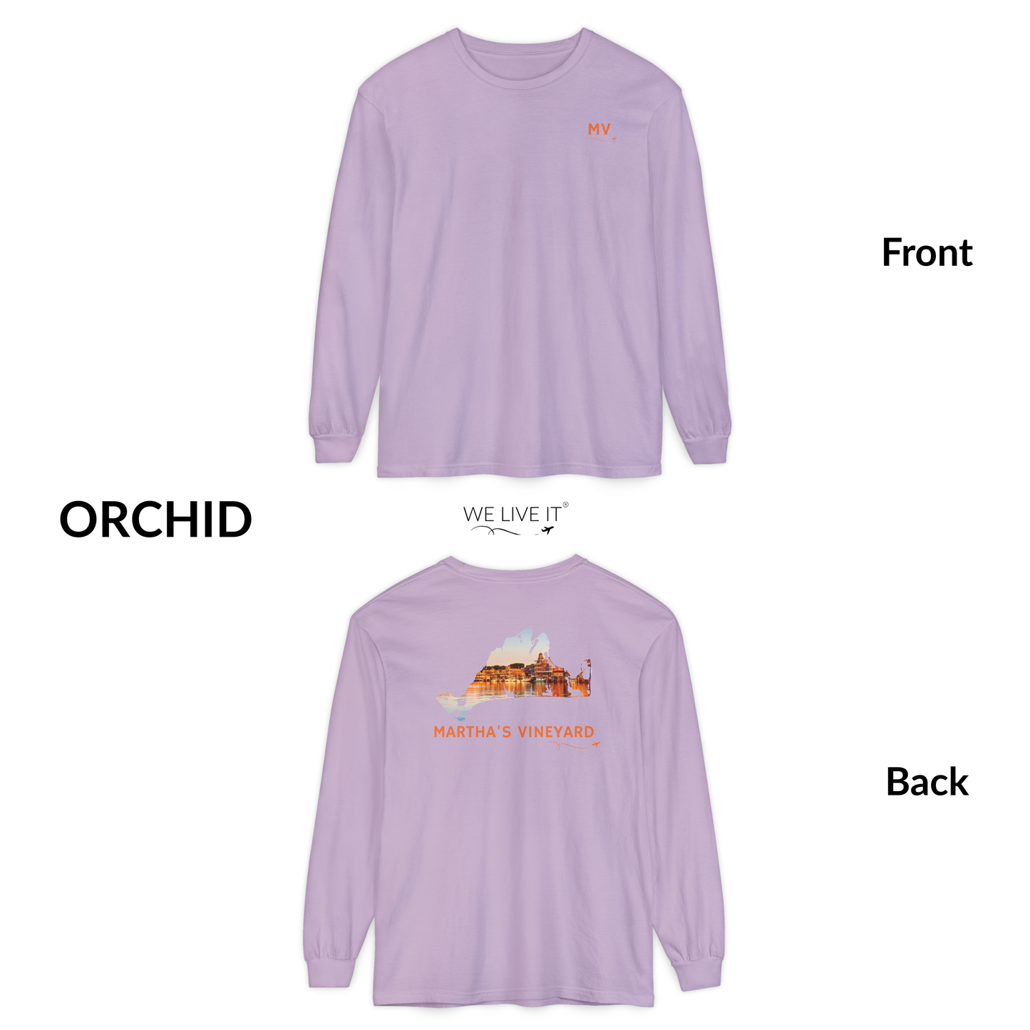 Martha’s Vineyard Long Sleeve | MV Front & Oak Bluffs Harbor Sunset Back