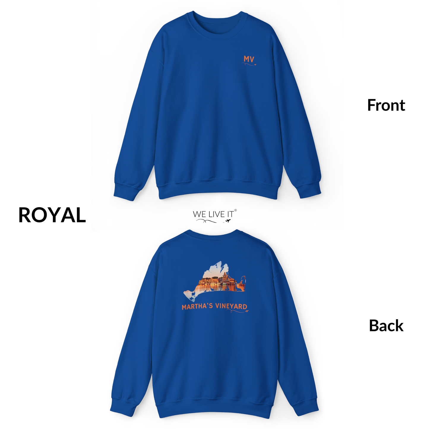 Martha’s Vineyard Crewneck Sweatshirt | MV Front & Oak Bluffs Harbor Sunset Back