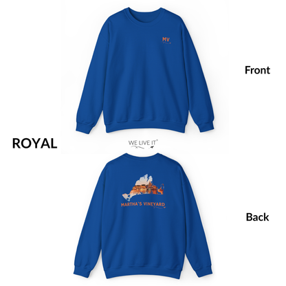 Martha’s Vineyard Crewneck Sweatshirt | MV Front & Oak Bluffs Harbor Sunset Back