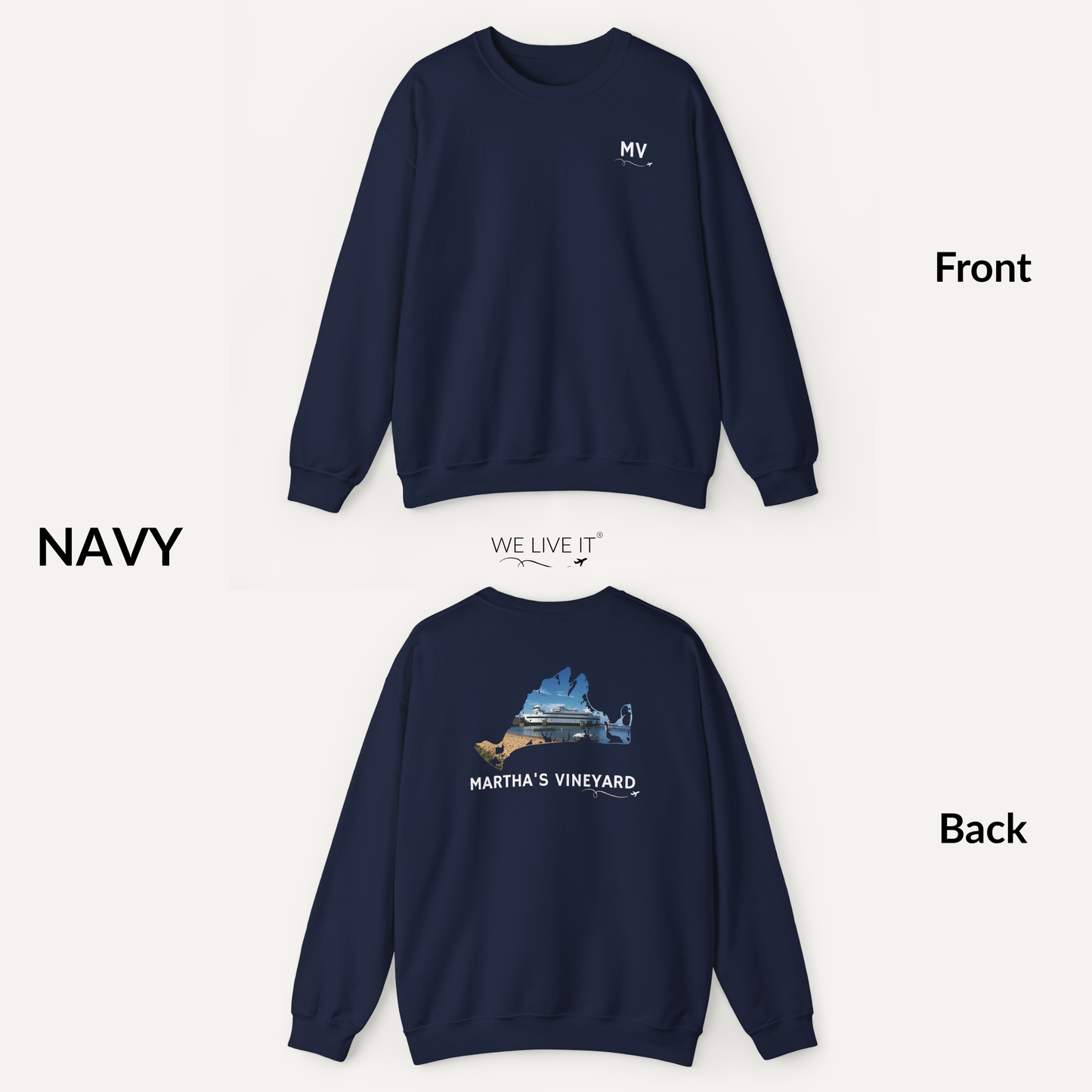 Martha’s Vineyard Crewneck Sweatshirt | MV Front & Vineyard Haven Steamship Back