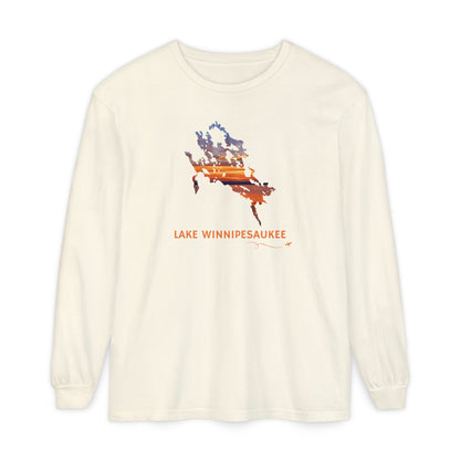 Lake Winnipesaukee Outline Long Sleeve | Sunset Lake View