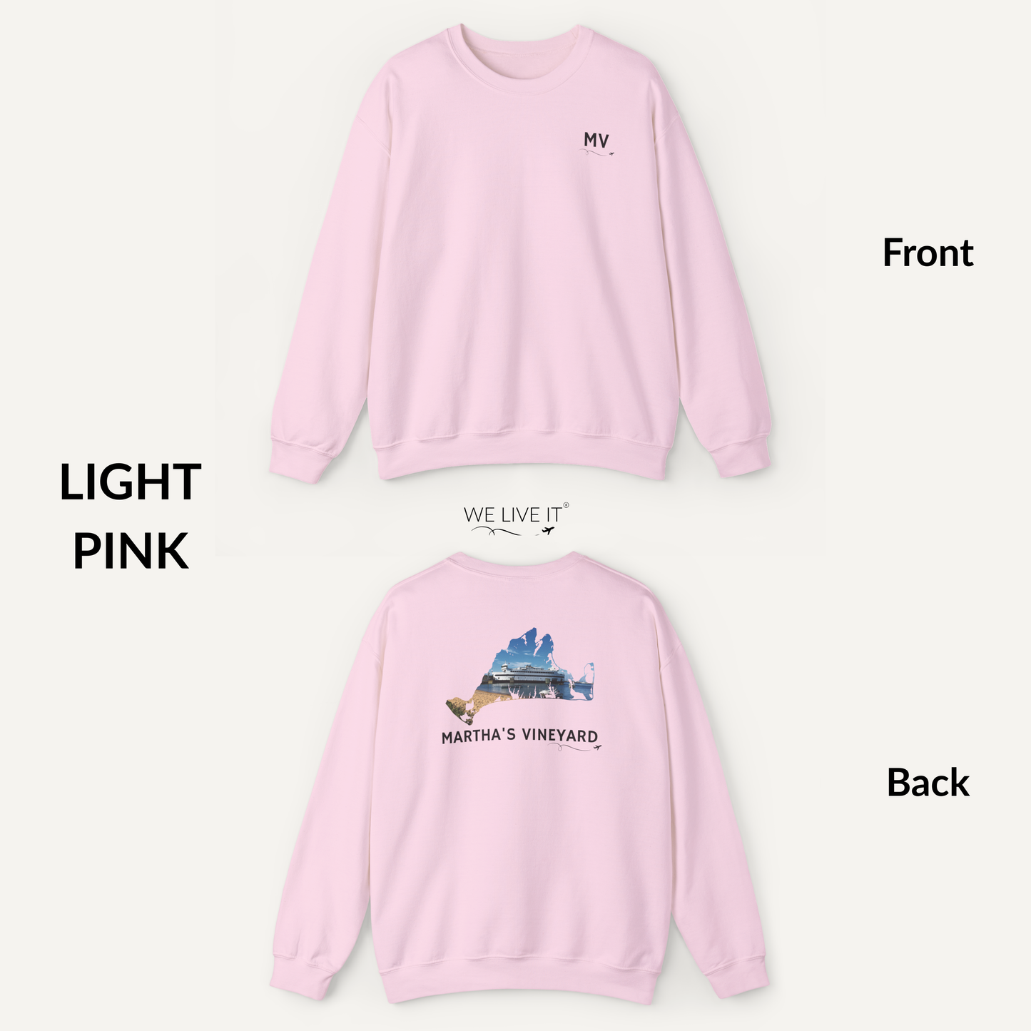 Martha’s Vineyard Crewneck Sweatshirt | MV Front & Vineyard Haven Steamship Back