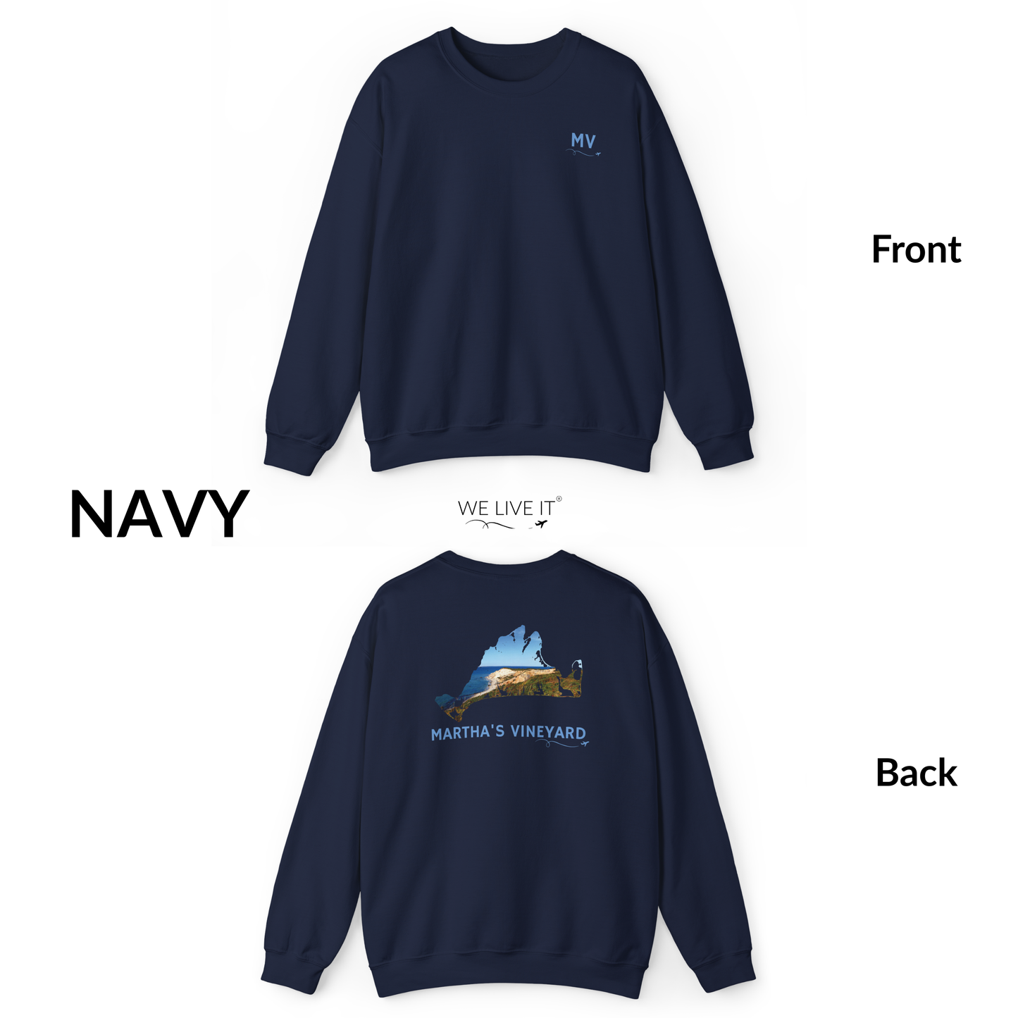 Martha’s Vineyard Crewneck Sweatshirt | MV Front & Aquinnah Cliffs Back