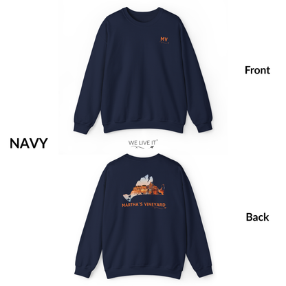 Martha’s Vineyard Crewneck Sweatshirt | MV Front & Oak Bluffs Harbor Sunset Back