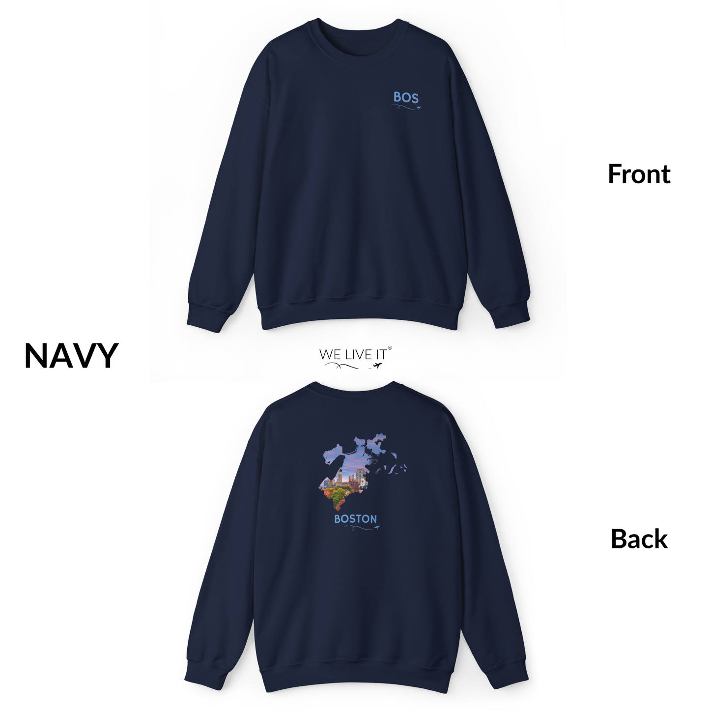 Boston Crewneck Sweatshirt | BOS Front & Historic Skyline Back | Faneuil Hall & Quincy Market