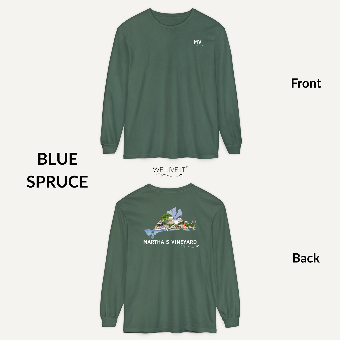 Martha’s Vineyard Long Sleeve | MV Front & Edgartown Harbor Outline Back