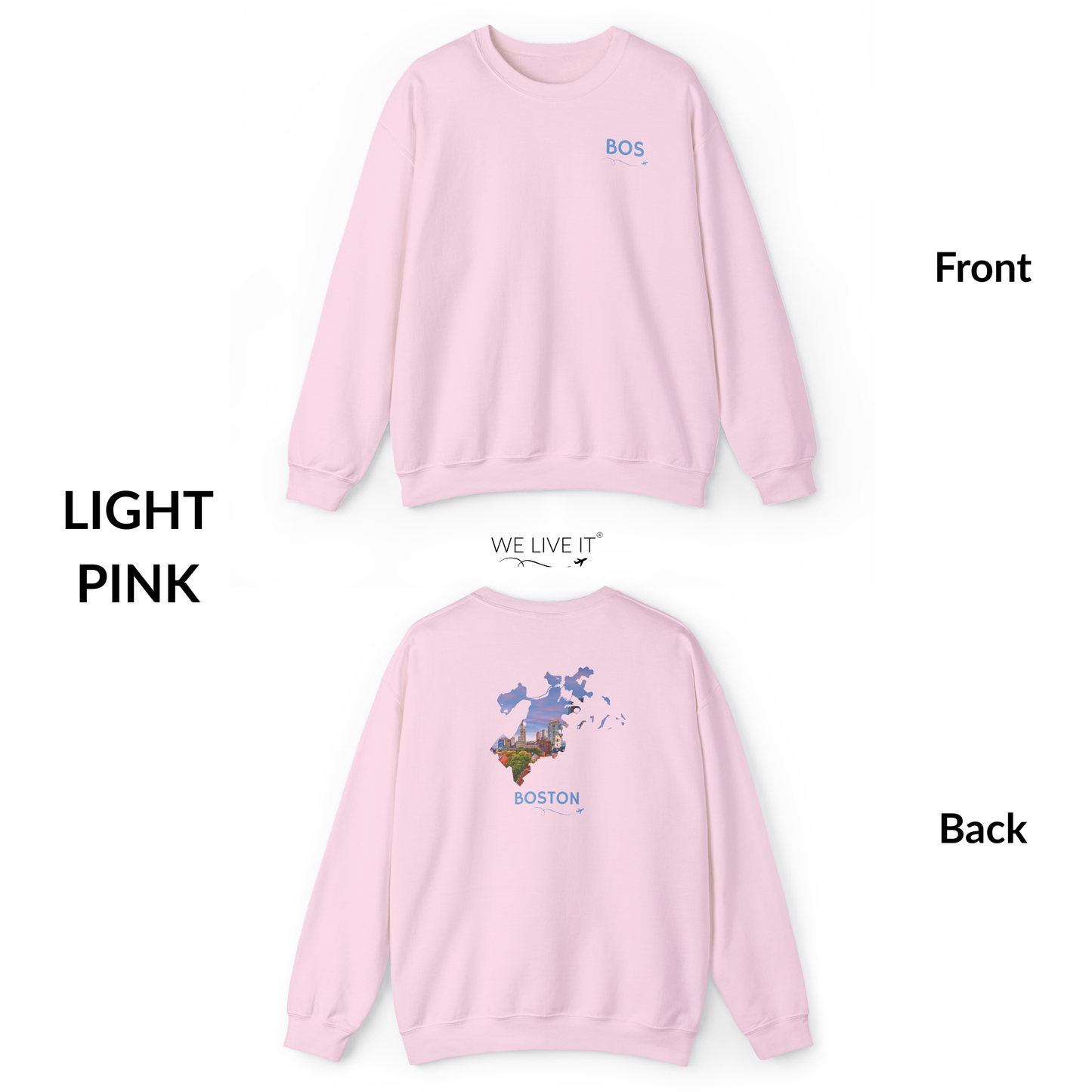 Boston Crewneck Sweatshirt | BOS Front & Historic Skyline Back | Faneuil Hall & Quincy Market