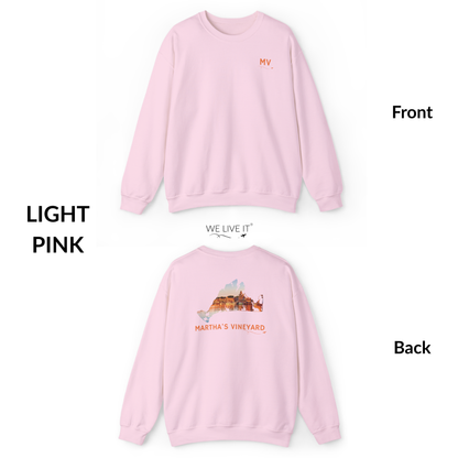 Martha’s Vineyard Crewneck Sweatshirt | MV Front & Oak Bluffs Harbor Sunset Back