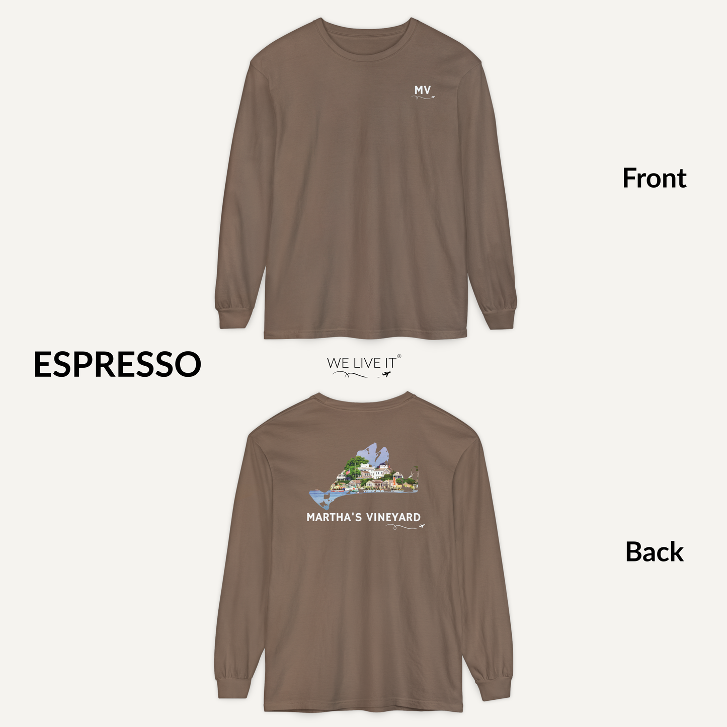 Martha’s Vineyard Long Sleeve | MV Front & Edgartown Harbor Outline Back