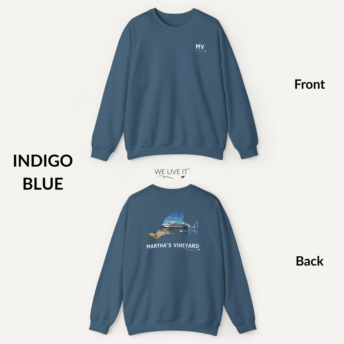 Martha’s Vineyard Crewneck Sweatshirt | MV Front & Vineyard Haven Steamship Back