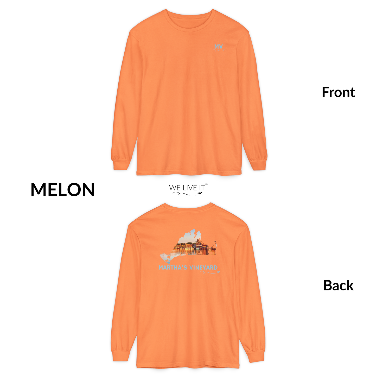 Martha’s Vineyard Long Sleeve | MV Front & Oak Bluffs Harbor Sunset Back