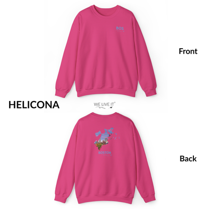 Boston Crewneck Sweatshirt | BOS Front & Historic Skyline Back | Faneuil Hall & Quincy Market