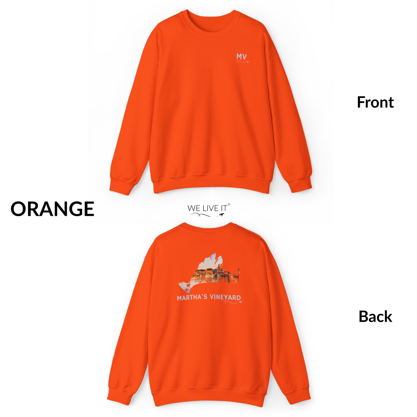 Martha’s Vineyard Crewneck Sweatshirt | MV Front & Oak Bluffs Harbor Sunset Back