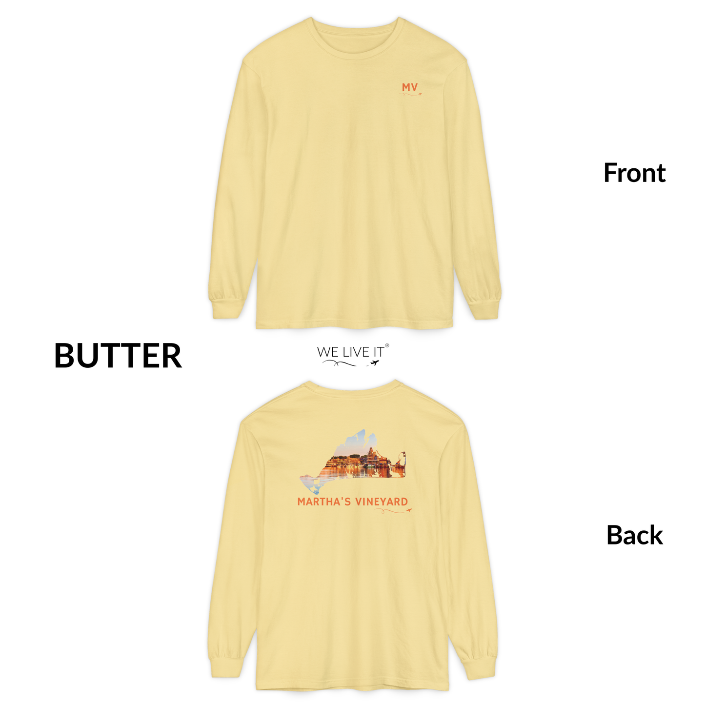 Martha’s Vineyard Long Sleeve | MV Front & Oak Bluffs Harbor Sunset Back
