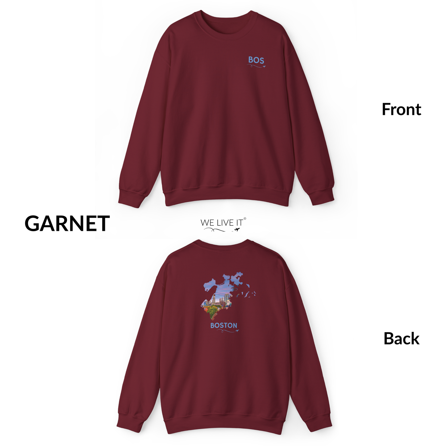 Boston Crewneck Sweatshirt | BOS Front & Historic Skyline Back | Faneuil Hall & Quincy Market