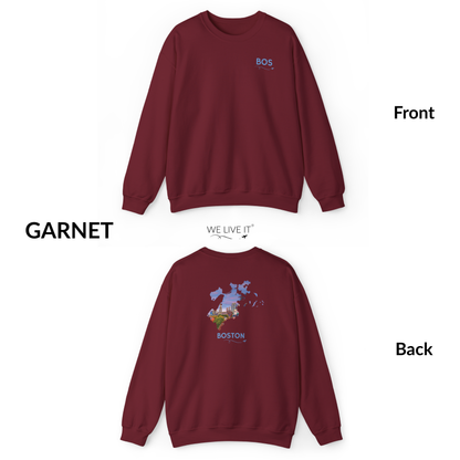 Boston Crewneck Sweatshirt | BOS Front & Historic Skyline Back | Faneuil Hall & Quincy Market