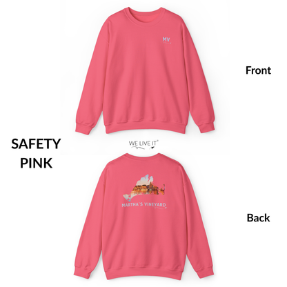 Martha’s Vineyard Crewneck Sweatshirt | MV Front & Oak Bluffs Harbor Sunset Back