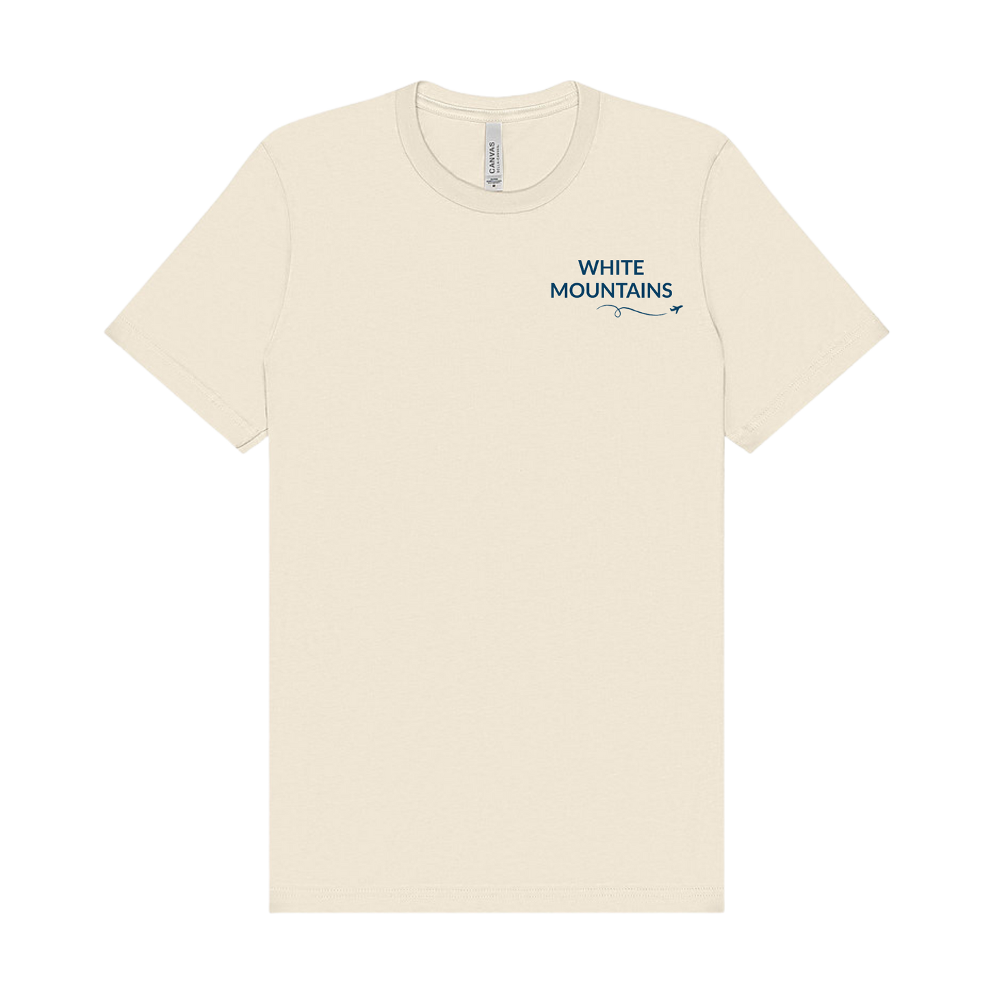 Natural t-shirt featuring “White Mountains” on the left chest in navy with a small airplane icon and looping flight path.