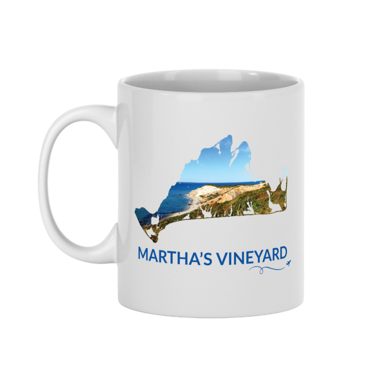 11 oz Martha's Vineyard mug featuring a hand-drawn island outline filled with a real photograph of the Aquinnah Cliffs, Martha's Vineyard lettering, and airplane swirl