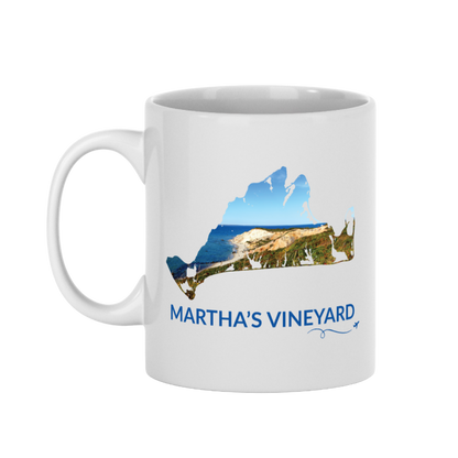 11 oz Martha's Vineyard mug featuring a hand-drawn island outline filled with a real photograph of the Aquinnah Cliffs, Martha's Vineyard lettering, and airplane swirl