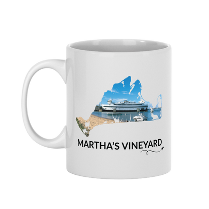 11 oz Vineyard Haven ferry mug featuring a hand-drawn Martha's Vineyard outline filled with a real photograph of the Steamship docked at the harbor, with Martha's Vineyard lettering and airplane swirl