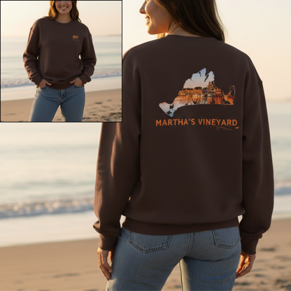 Martha’s Vineyard Crewneck Sweatshirt | MV Front & Oak Bluffs Harbor Sunset Back