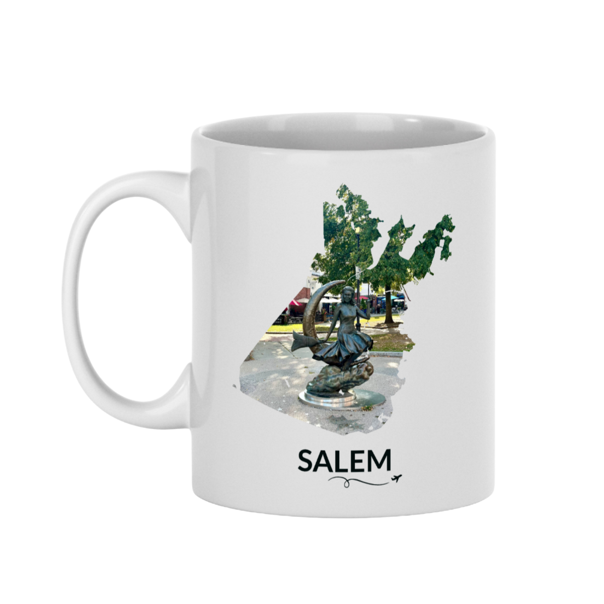 White 11 oz Salem mug featuring the Bewitched Sculpture inside the Salem outline, Salem lettering, and a small plane with a swirly line