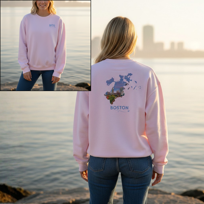 Boston Crewneck Sweatshirt | BOS Front & Historic Skyline Back | Faneuil Hall & Quincy Market