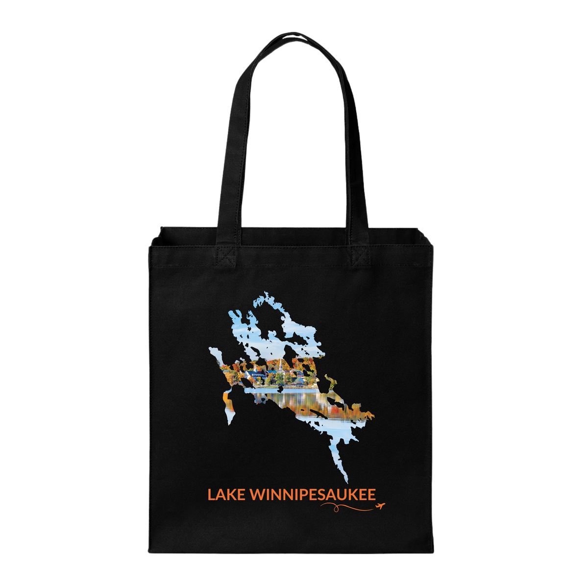 Black canvas tote with Lake Winnipesaukee outline featuring a fall waterfront scene in Meredith, NH, orange Lake Winnipesaukee lettering, and small airplane with swirl