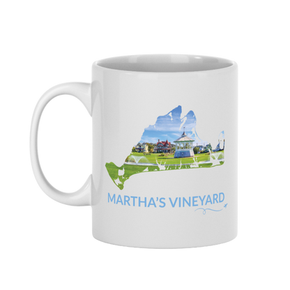 11 oz Ocean Park mug featuring a hand-drawn Martha's Vineyard outline filled with a real photograph of the gazebo, lawn, and Victorian homes, with Martha's Vineyard lettering and airplane swirl