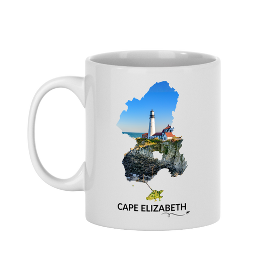 White 11 oz Cape Elizabeth mug featuring Portland Head Light, rocky coastline and blue ocean inside the Cape Elizabeth outline, black Cape Elizabeth lettering, and a small airplane with swirl