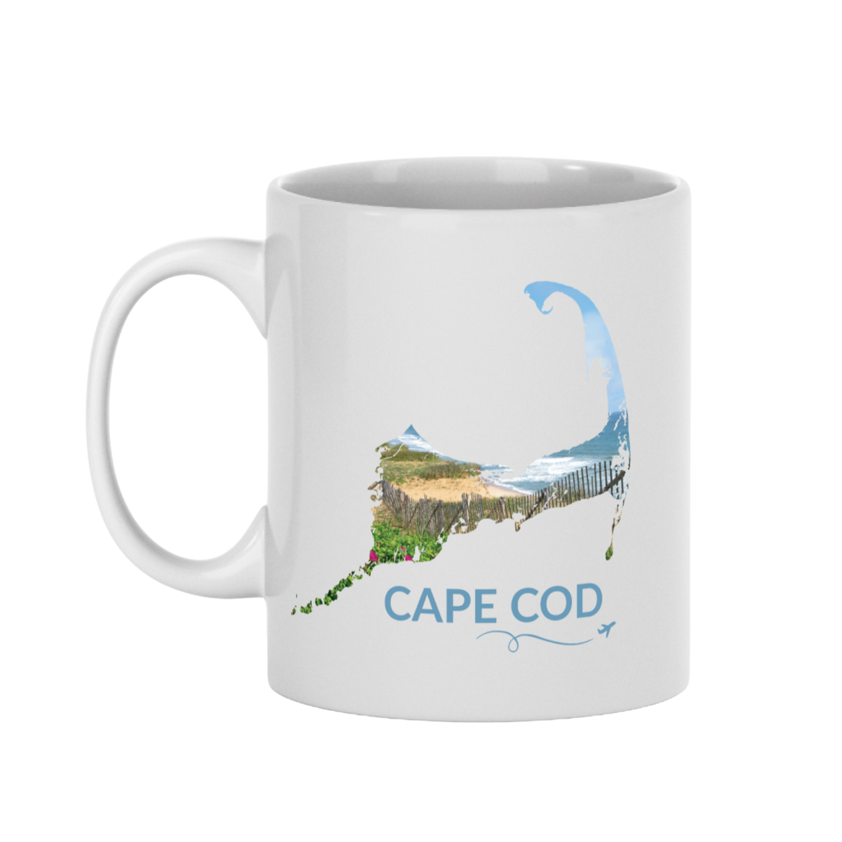 White 11 oz Cape Cod mug featuring a beach scene with sand fence, dunes, ocean and beach roses inside the Cape Cod outline, blue Cape Cod lettering, and a small airplane with swirl